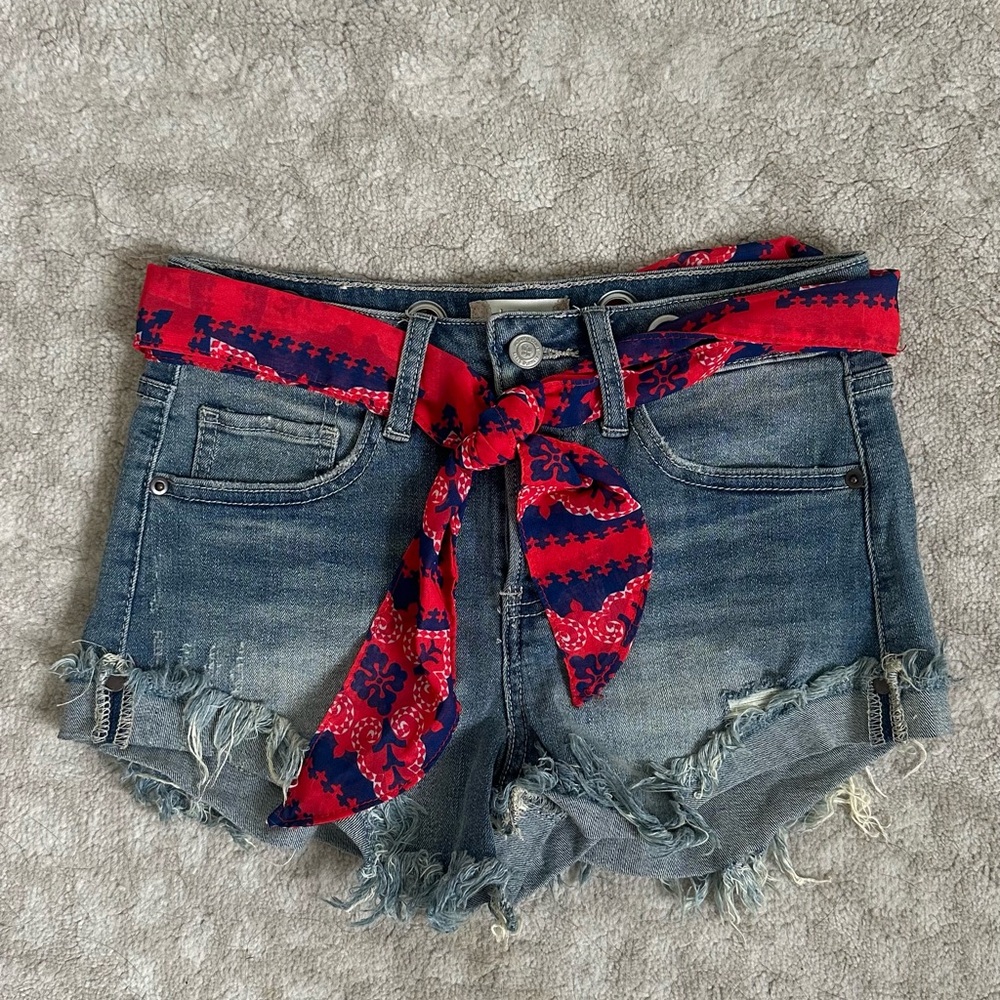 Altar'd State Jean Shorts with Red Scarf Belt